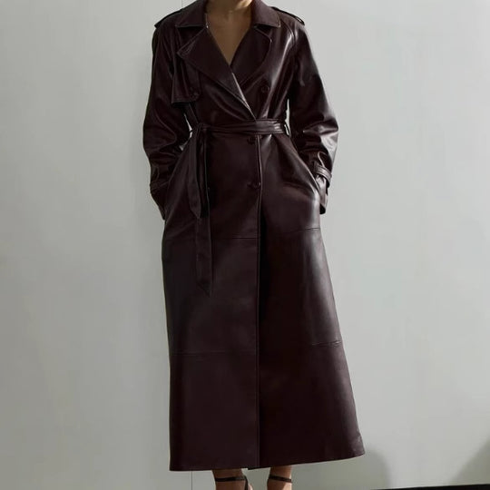 Damen Trenchcoat aus hochwertigem Kunstleder mit taillierbarem Gürtel EB