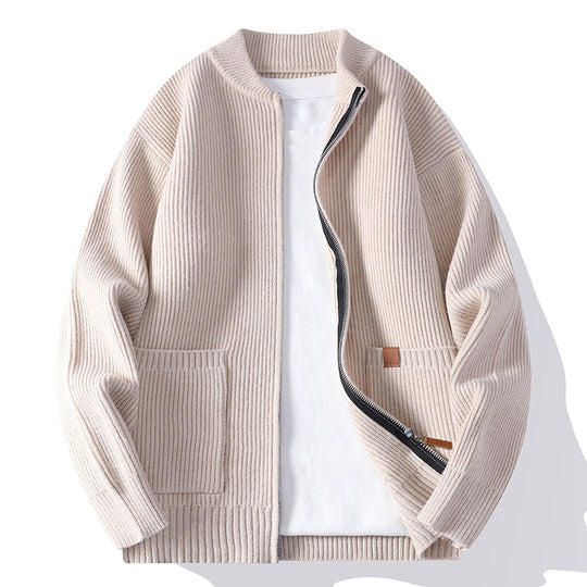 Herren nan gerippte Strickjacke mit durchgehendem Reißverschluss und aufgesetzten Taschen EB