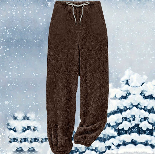 Damen nan kuschelige Sherpa-Fleece Loungehose mit Kordelzug, hoher Taille und elastischen Bündchen EB