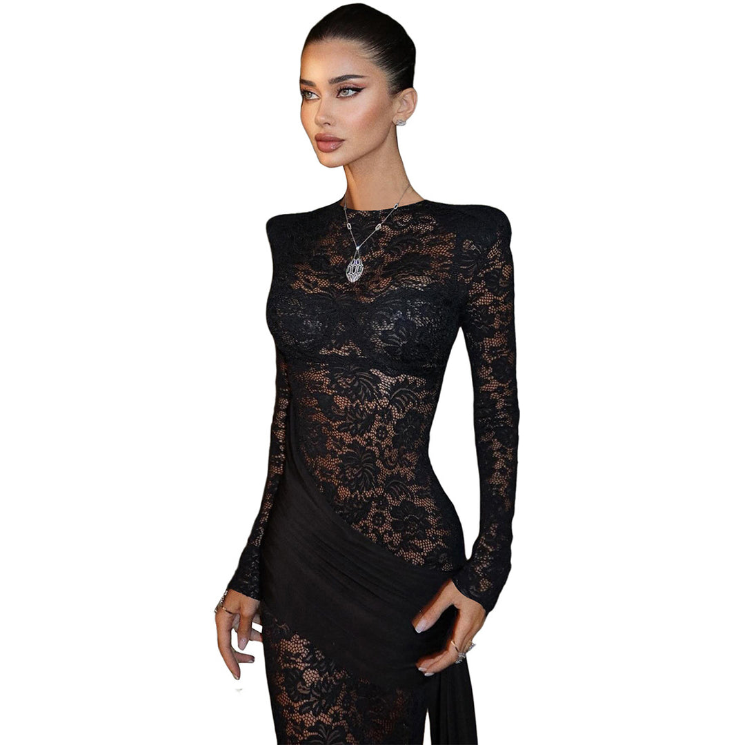 Damen Elegantes Spitzenkleid mit langem Arm und raffinierter Drapierung EB