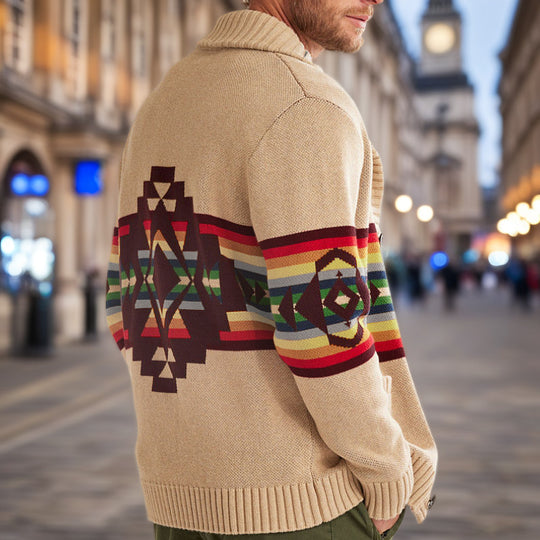 Herren Strickjacke mit bunten Mustern und gemütlichem Schalkragen EB