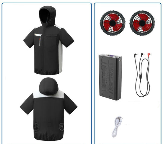 Unisex nan belüftete Kurzarm-Kapuzenjacke mit integrierten Rücklüftern, USB-Anschluss und elastischem Saum R&B