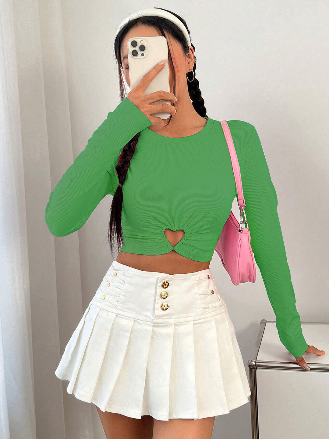 Damen gerafftes Crop-Top mit Herz-Cutout, langärmlig und feiner Rippstruktur Eichborn Berlin