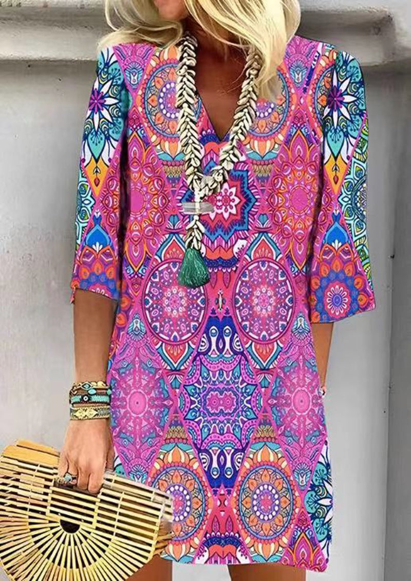 Damen nan kurzes Boho Strandkleid im Mandala-Print mit V-Ausschnitt, dreiviertel-Ärmeln und legerer A-Linie EB