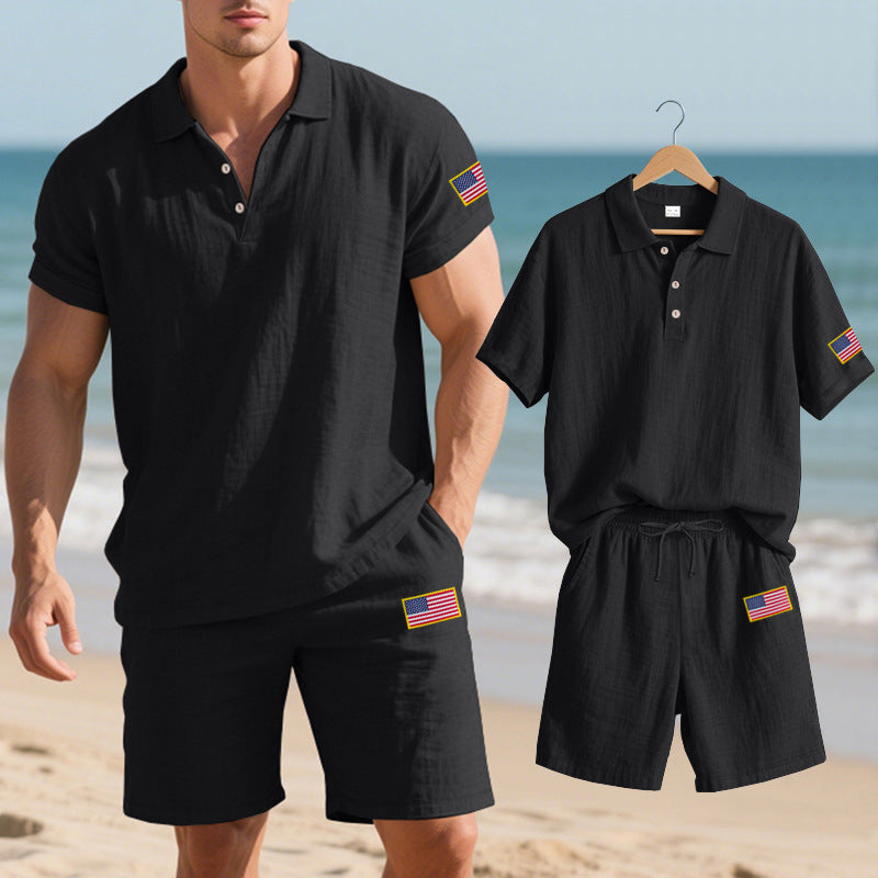 Herren Polo- und Shorts-Set mit gesticktem Länderflaggen-Motiv EB