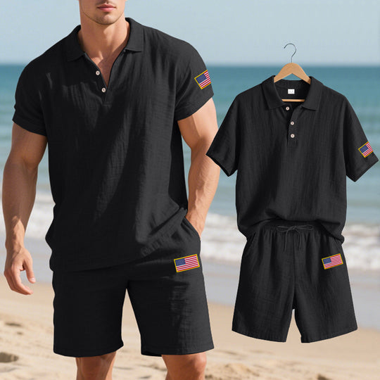 Herren Polo- und Shorts-Set mit gesticktem Länderflaggen-Motiv EB
