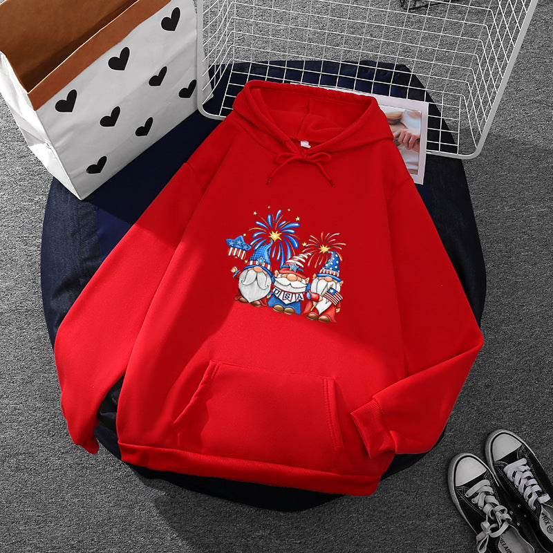 Damen nan Kapuzenpullover mit patriotischem Gartenzwerg-Print, angerautem Fleece-Innenfutter, Oversize-Schnitt und Kängurutasche EB