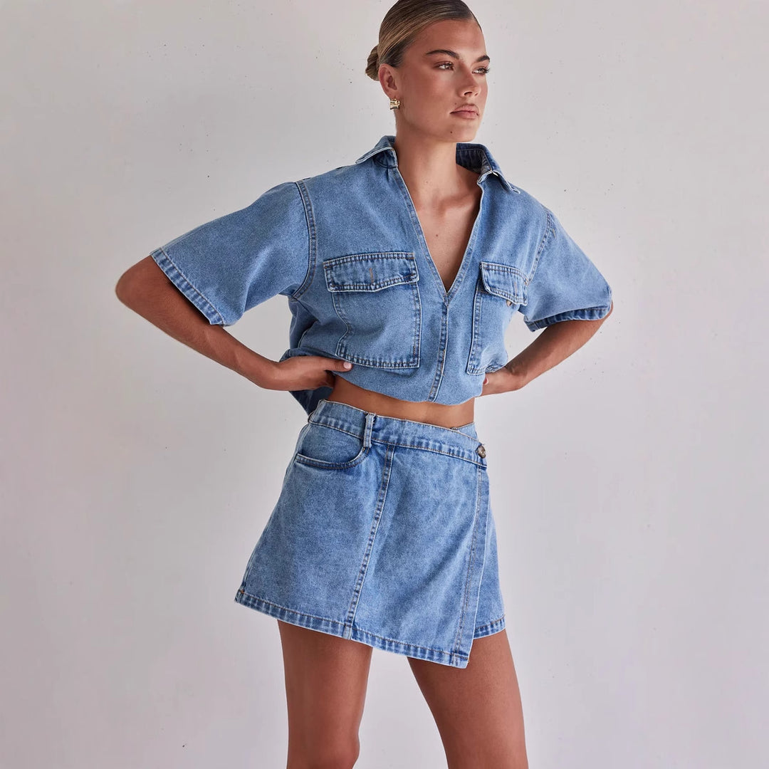 Damen Denim-Kurzjacke mit passendem Rock im lässigen Stil EB