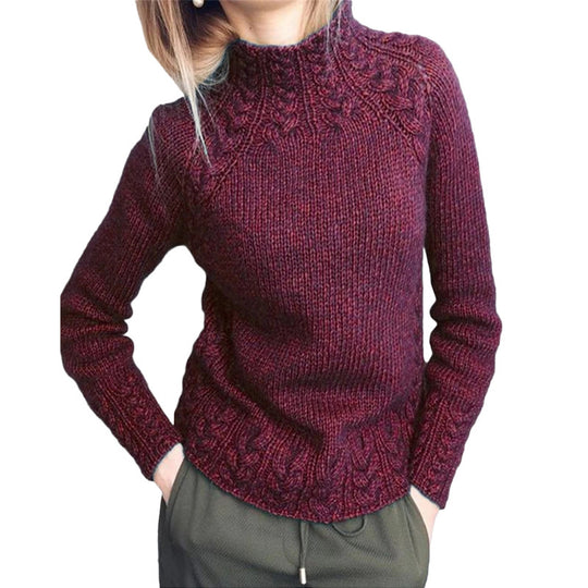 Damen nan grobgestrickter Zopfmuster-Pullover mit Stehkragen und tailliertem Schnitt EB