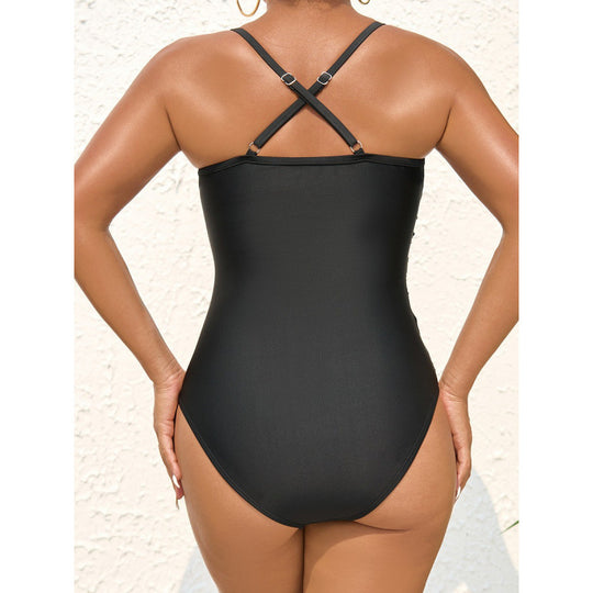 Damen eleganter Einteiler Badeanzug mit modischem Wickeldetail und schickem V-Ausschnitt EB