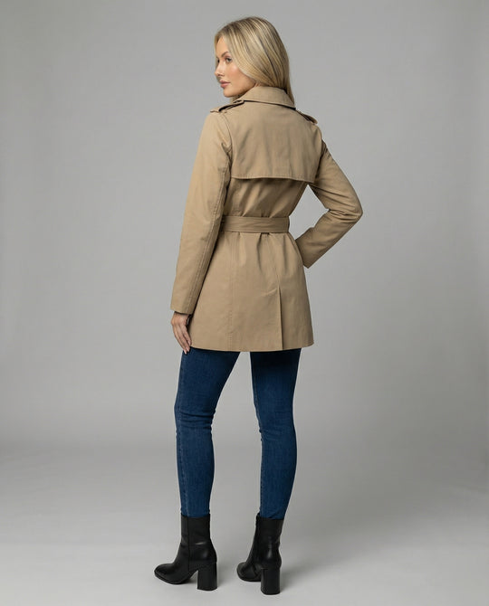 Damen Hoodie Herren Mehrfarbig taillierter Kurzmantel aus Wollmix mit Bindegürtel und doppelreihiger Knopfleiste EB