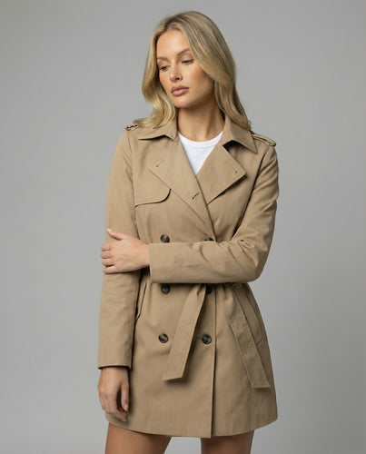 Damen Hoodie Herren Mehrfarbig taillierter Kurzmantel aus Wollmix mit Bindegürtel und doppelreihiger Knopfleiste EB