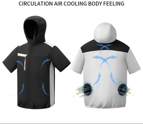 Unisex nan belüftete Kurzarm-Kapuzenjacke mit integrierten Rücklüftern, USB-Anschluss und elastischem Saum R&B