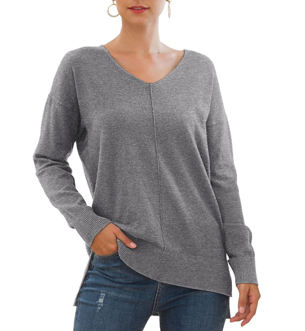 Damen eleganter V-Ausschnitt Pullover mit asymmetrischem Saum EB