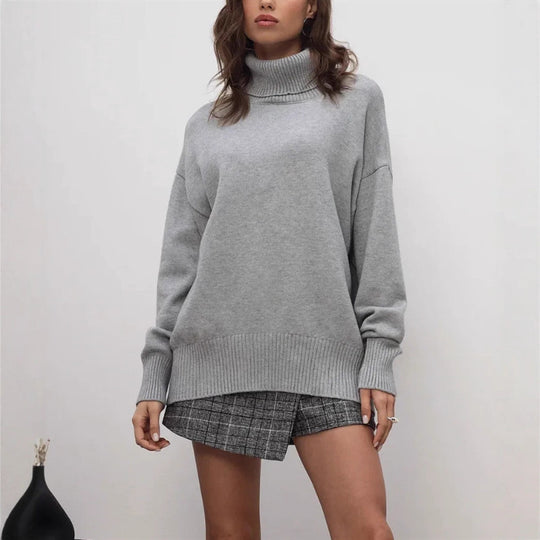 Damen Boxy-Rollkragenpullover aus feinem Feinstrick mit überschnittener Schulter EB
