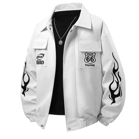 Men's  patch-detail street-style zip-up jacket with stand collar and graphic sleeve prints EB