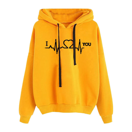 Damen nan leichter Oversize Kapuzenpullover mit Herz‑EKG‑Motiv, langen Kordeln und elastischem Bund EB
