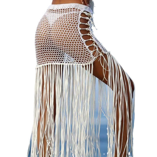 Damen Häkel-Strandponcho mit Fransen und dekorativen Muscheldetails EB