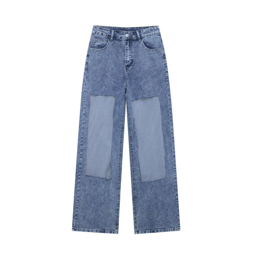 Damen weite Denim-Hose mit Patch-Design EB