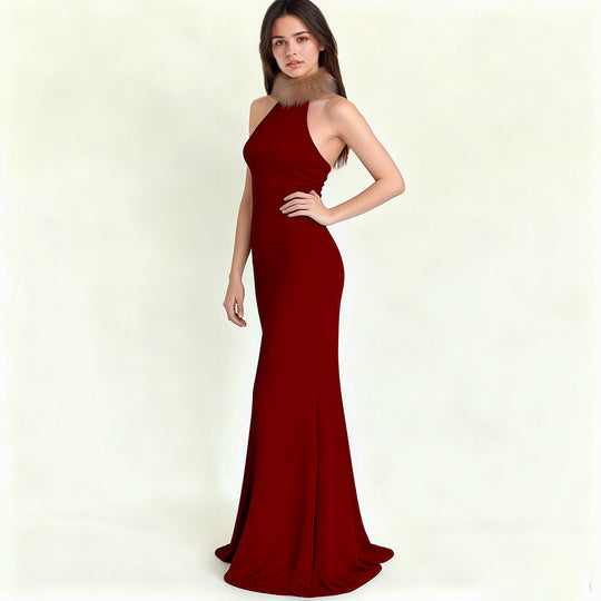 Damen Elegantes Maxikleid mit luxuriösem Kunstpelzkragen EB