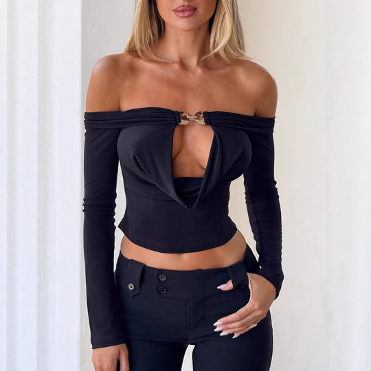Damen Off-Shoulder Bluse mit dekorativem Ausschnitt und langen Ärmeln EB