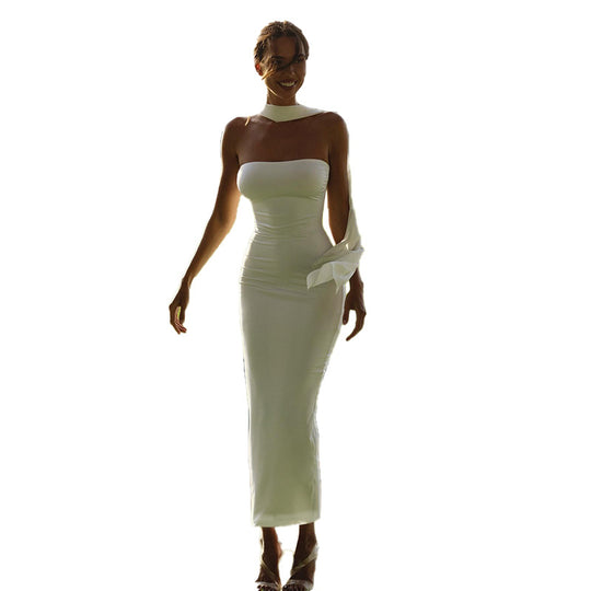 Damen elegantes, schulterfreies Maxikleid mit subtilen Rüschendetails und langen Ärmeln EB