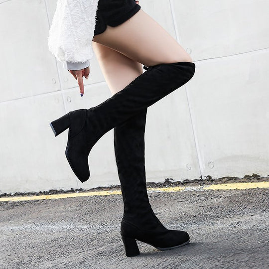 Damen modische Overkneestiefel mit Blockabsatz und raffiniertem Schnürdetail EB
