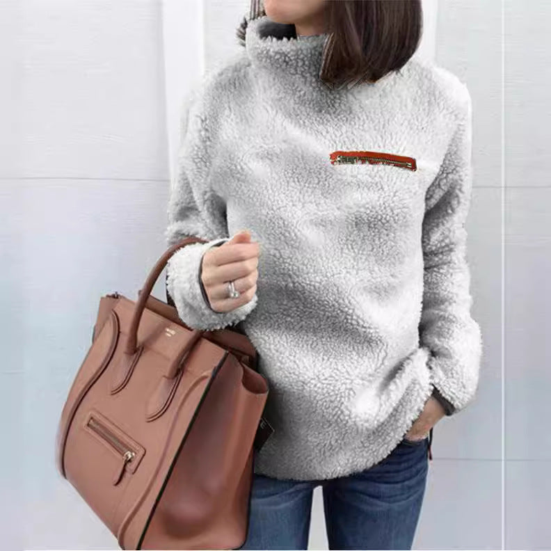 Damen nan kuscheliger Teddy-Fleecepullover mit Stehkragen und Brustreißverschluss EB