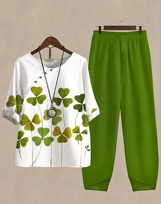 Damen nan zweiteiliges Freizeitset mit Kleeblatt-Print-Tunika und elastischer Komfortbund-Hose EB