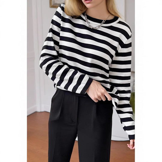 Damen gestreifter Langarmpullover mit Rundhalsausschnitt und lässigem Schnitt EB