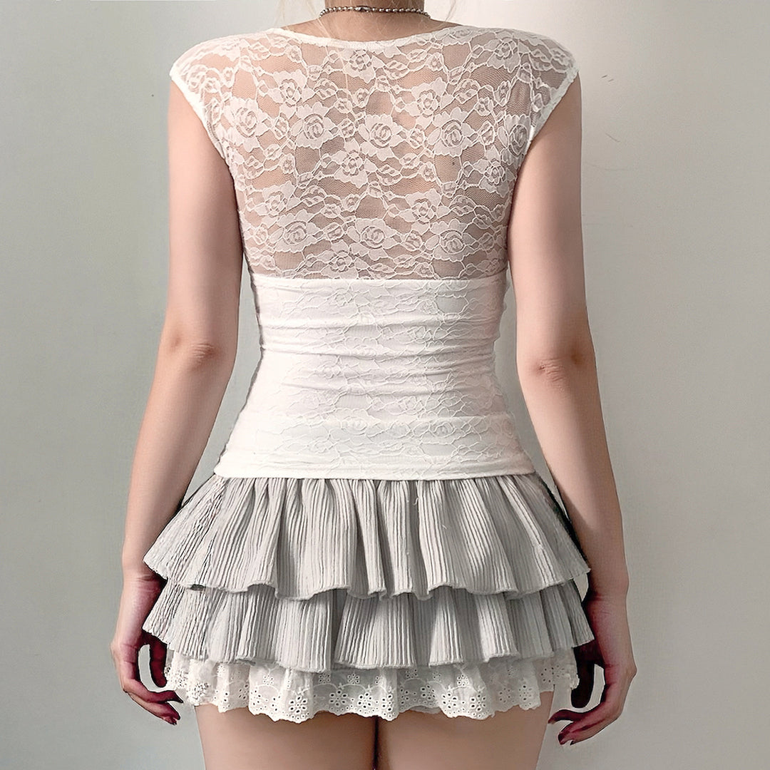 Damen Spitzen-Cropped-Top mit elegantem V-Ausschnitt und Rüschendetails EB