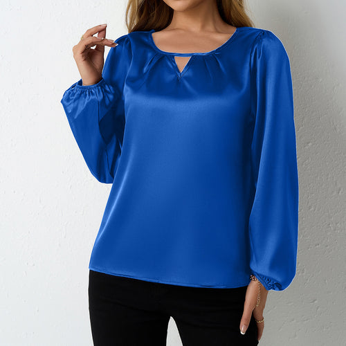 Damen elegante Satinbluse mit verspieltem Schlüsselausschnitt EB