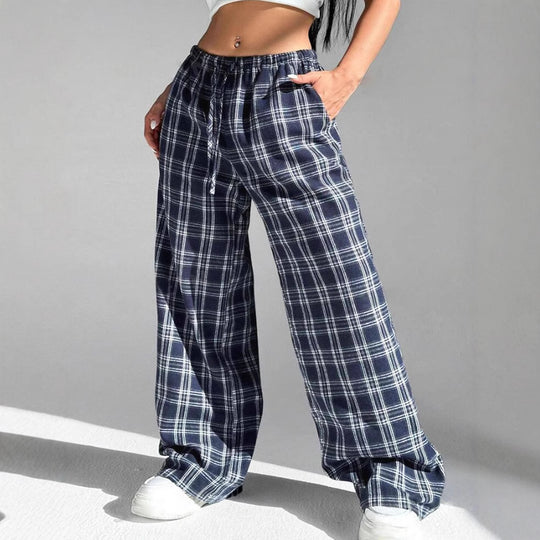 Damen Weite Karohose mit elastischem Bund und seitlichen Taschen EB