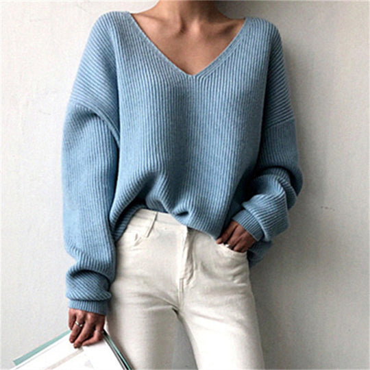 Damen eleganter V-Ausschnitt Strickpullover mit strukturiertem Design EB