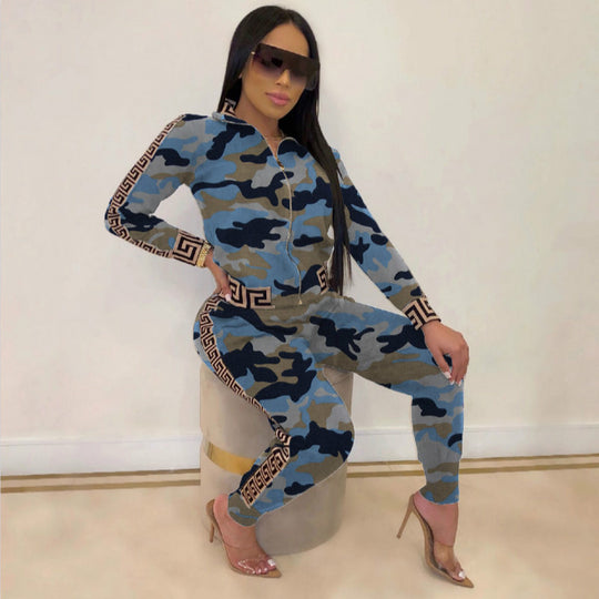 Damen Figurbetonter Jumpsuit mit Reißverschluss, Leopardenmuster und Kontrastbordüre EB