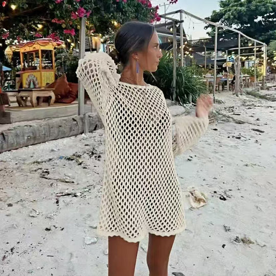 Damen luftiger Häkel-Strandüberwurf mit weiten Ärmeln und asymmetrischem Saum EB