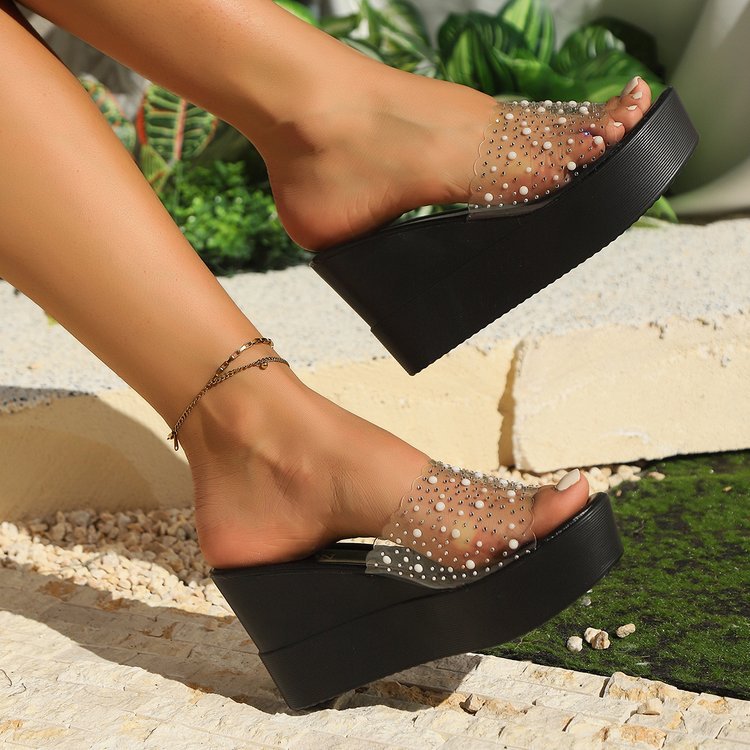 Damen Wedge-Pantoletten mit transparentem Obermaterial und glitzernden Akzenten EB