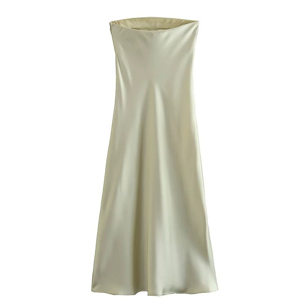 Damen langes Abendkleid im eleganten Satin-Look mit trägerlosem Design EB