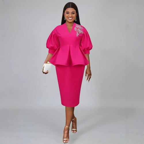 Damen elegantes A-Linien Kleid mit modischen Puffärmeln und floralem Akzent EB