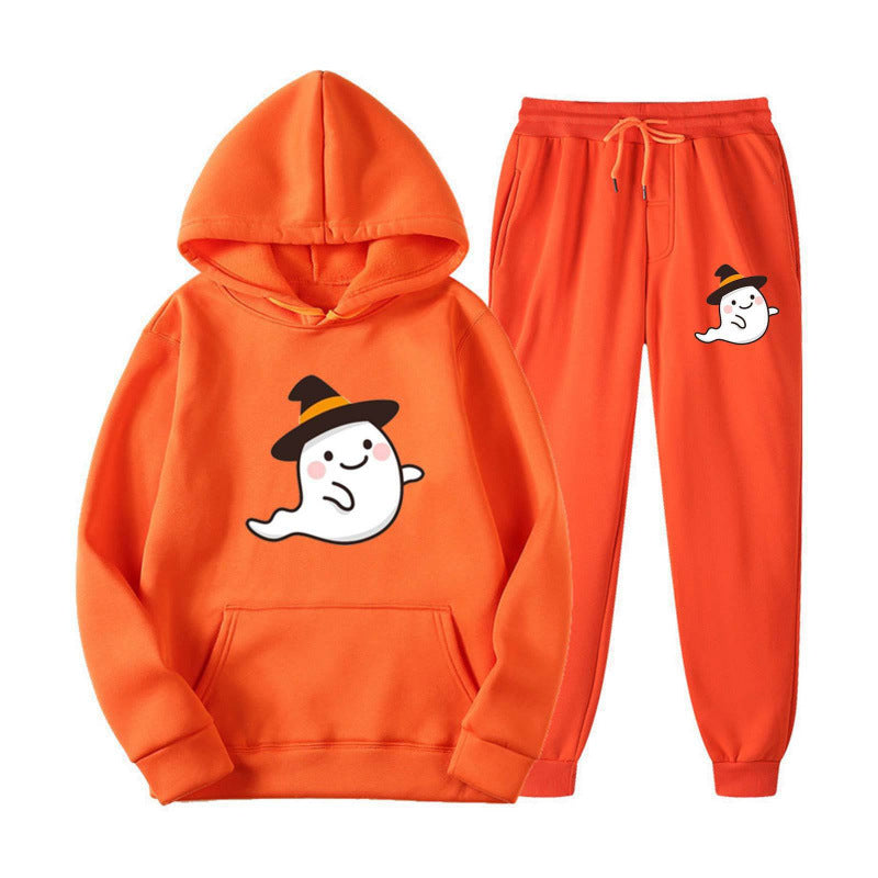 Unisex nan kuscheliger Kapuzenpullover und Jogginghose Set mit Halloween-Geistprint EB