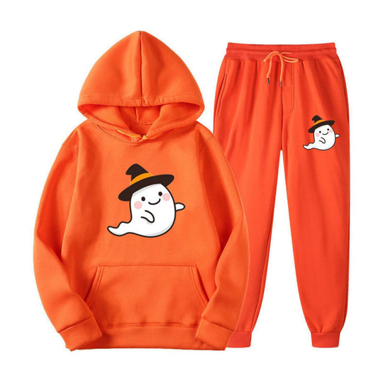 Unisex nan kuscheliger Kapuzenpullover und Jogginghose Set mit Halloween-Geistprint EB