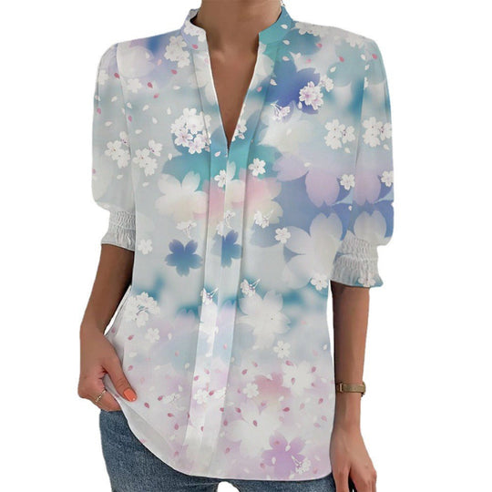 Damen Blumenprint Tunika-Bluse mit Stehkragen, geschlitzter V‑Blende und gerafften 3/4-Ärmeln EB