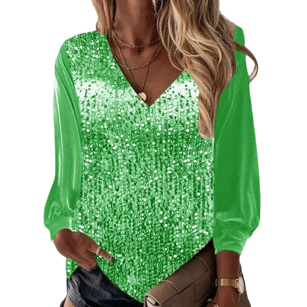 Damen Glitzernde Pailletten V-Ausschnitt Bluse mit Satinärmeln EB