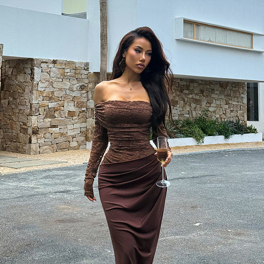 Damen Elegantes Abendkleid mit schulterfreiem Design und Spitzenärmeln EB