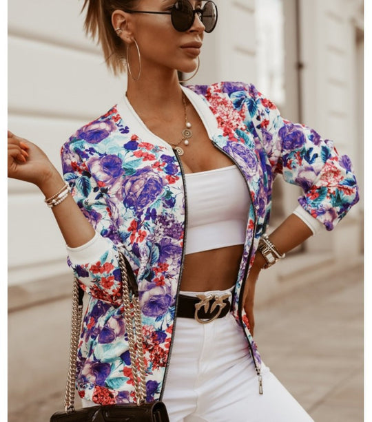 Damen Sportliche Bomberjacke mit floralem Print und Reißverschluss EB