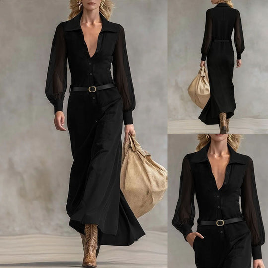 Damen Maxikleid mit transparenten Ärmeln und Taillengürtel EB