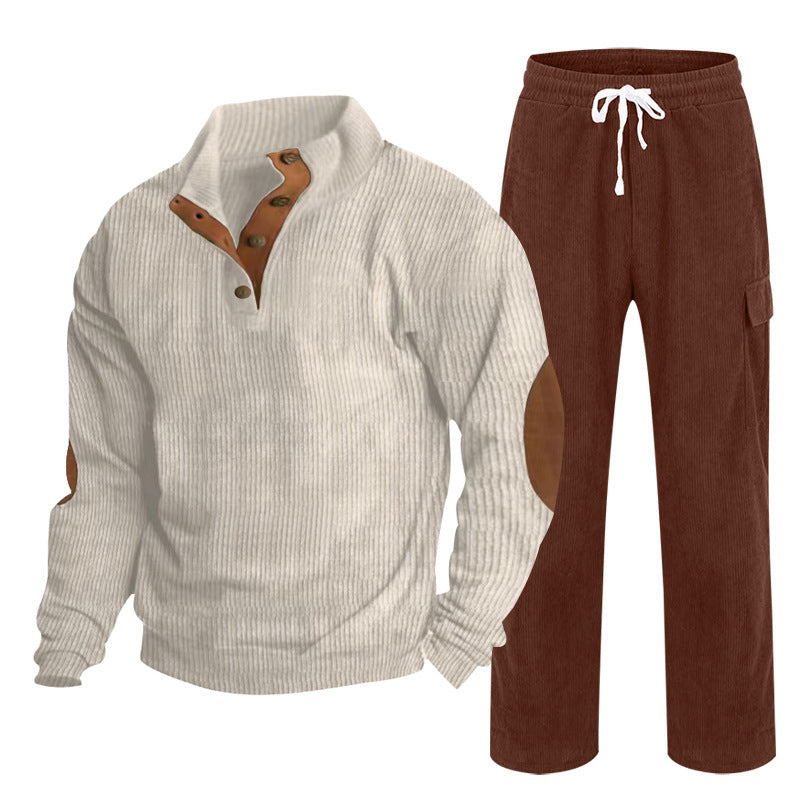 Herren nan Strick-Freizeitset mit Knopfleiste und Ellenbogenaufnähern sowie Cord-Cargohose EB