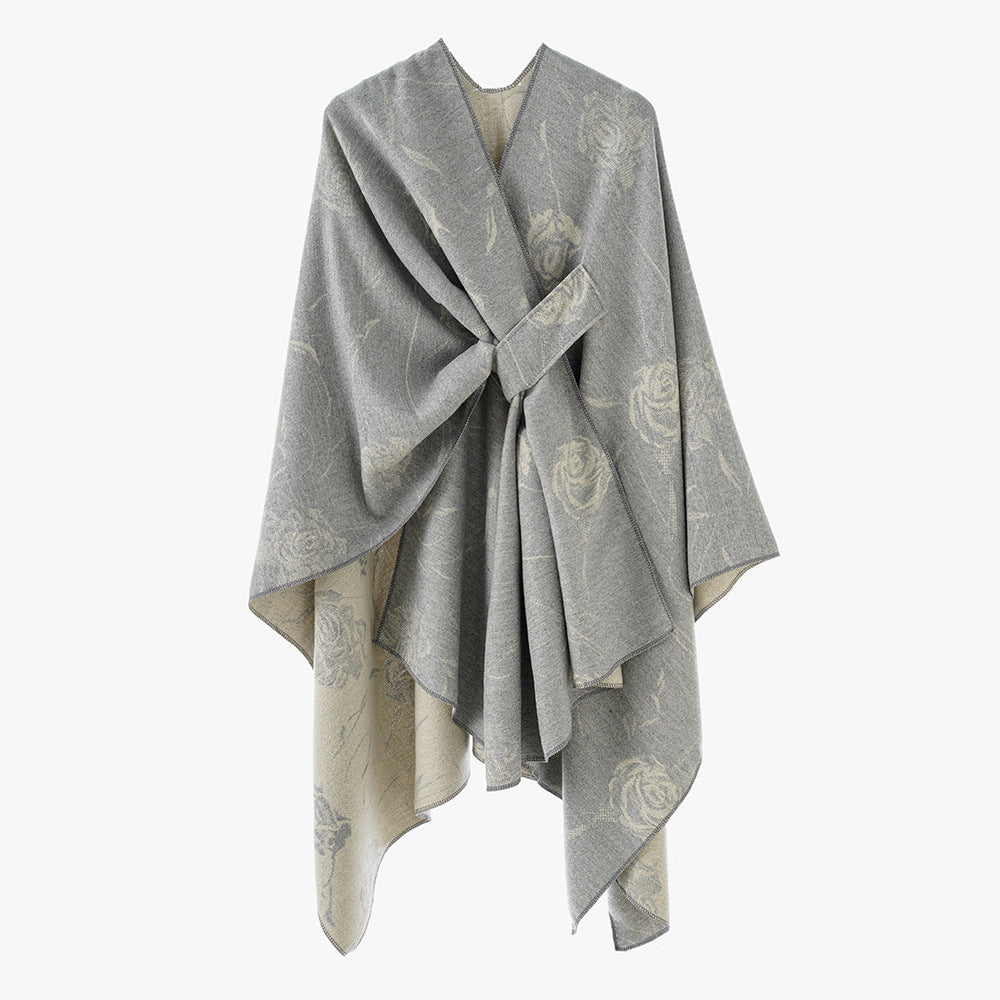 Damen Beidseitig tragbarer Jacquard-Überwurf mit Rosenmuster und Bindegürtel EB
