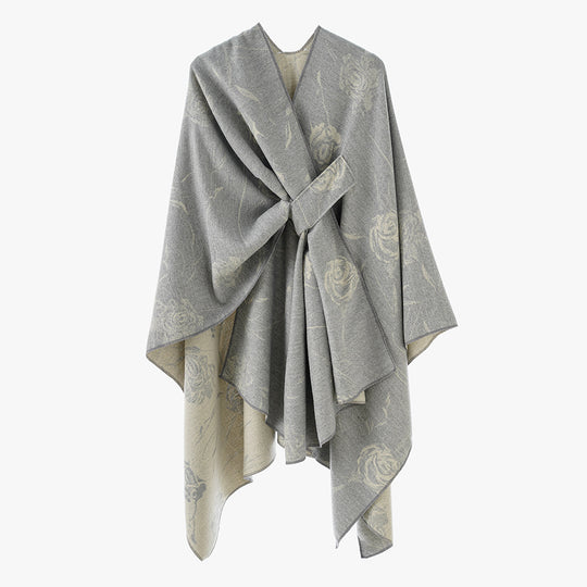 Damen Beidseitig tragbarer Jacquard-Überwurf mit Rosenmuster und Bindegürtel EB