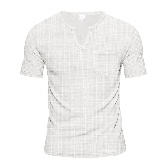 Herren nan Kurzarmshirt mit geschlitztem V-Ausschnitt strukturierter Leinenoptik und aufgesetzter Brusttasche EB